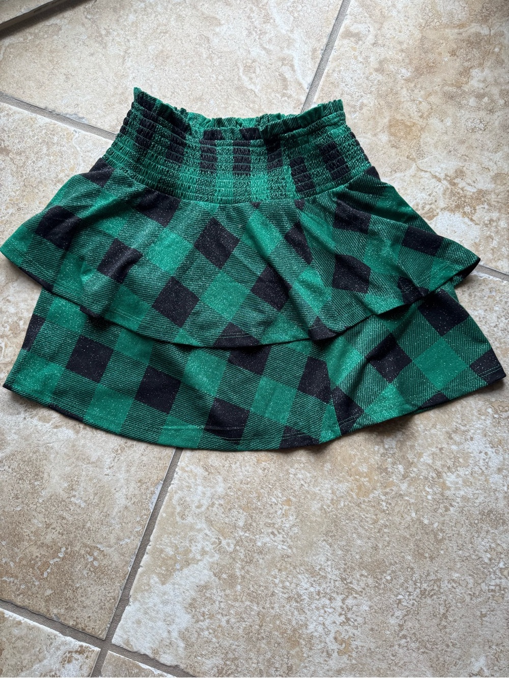 Evsie, Green & Black Plaid Tiered Skater Skirt, Size S